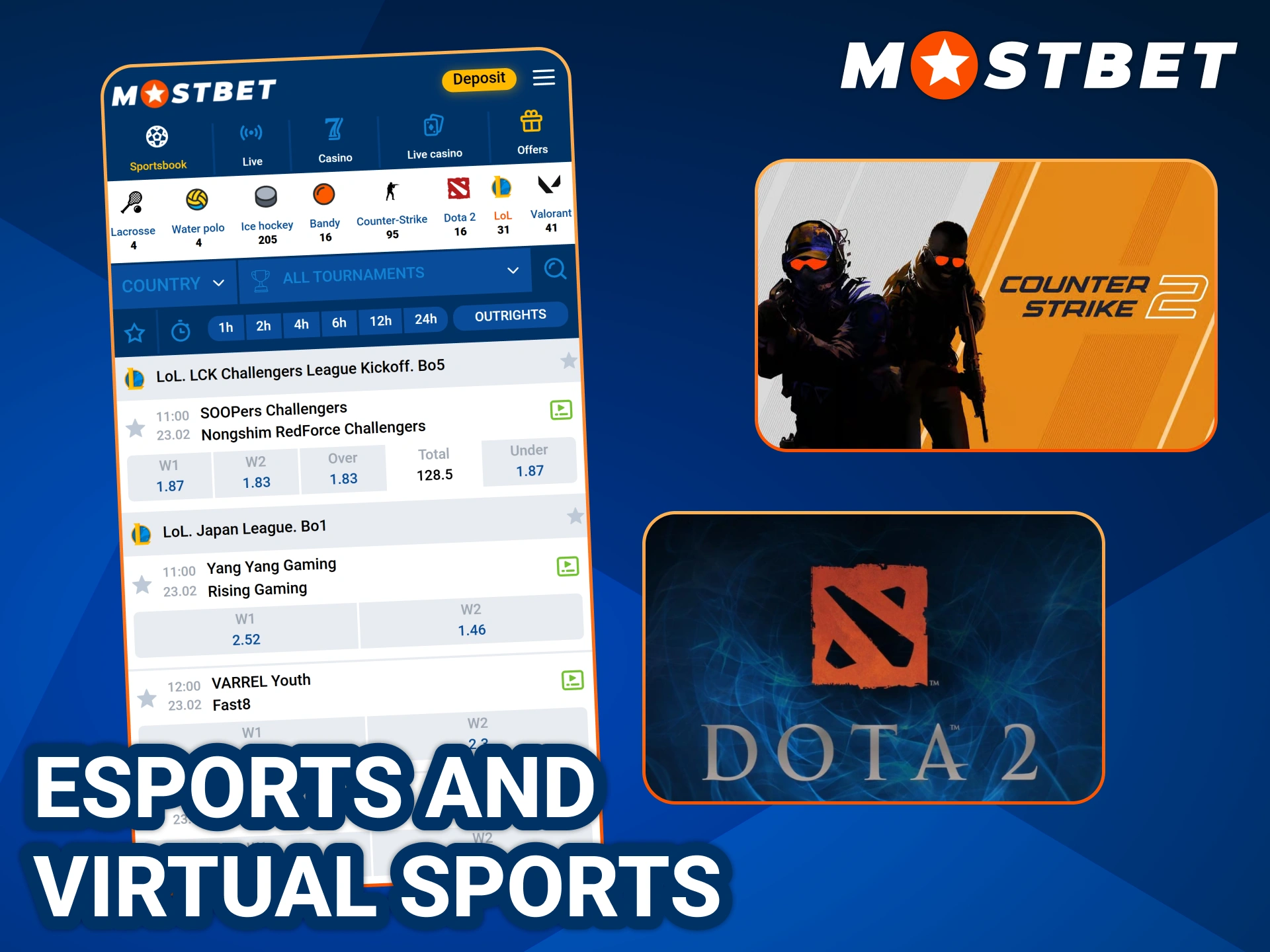 Bet on popular esports and virtual sports markets at Mostbet.