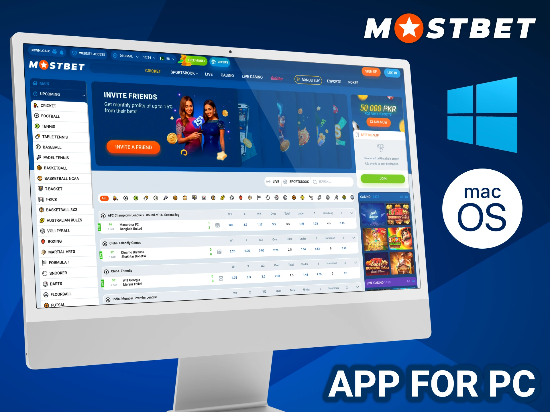 Play your favourite games and bet online from your PC at Mostbet website.