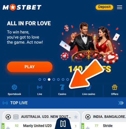Open Mostbet casino page to start playing Aviator.