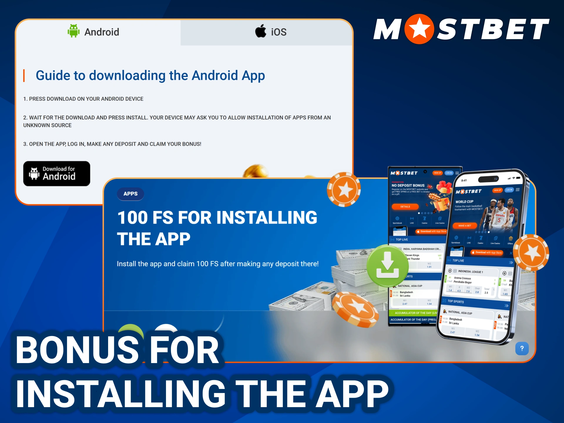 Get free spins for installing Mosbet app on your smartphone.