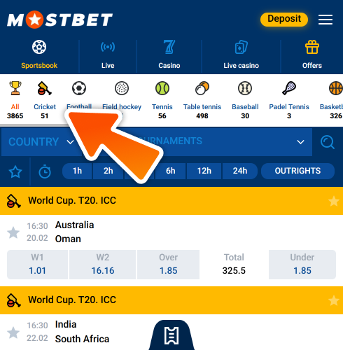 Go to Mostbet sports section and tap on cricket icon.