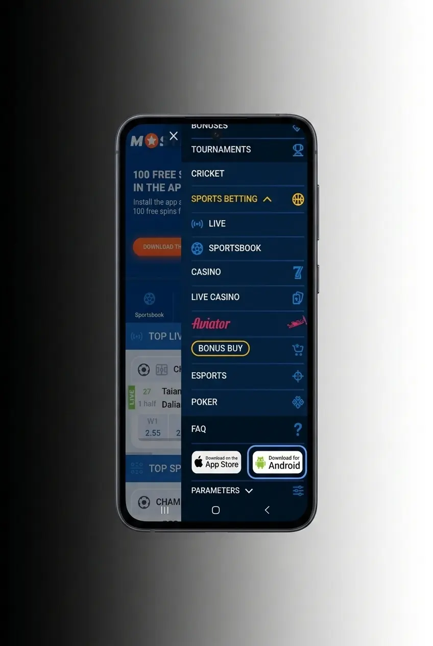 Mostbet APK download steps for Android showing 4-step installation guide compatible with Android 5.0 and higher