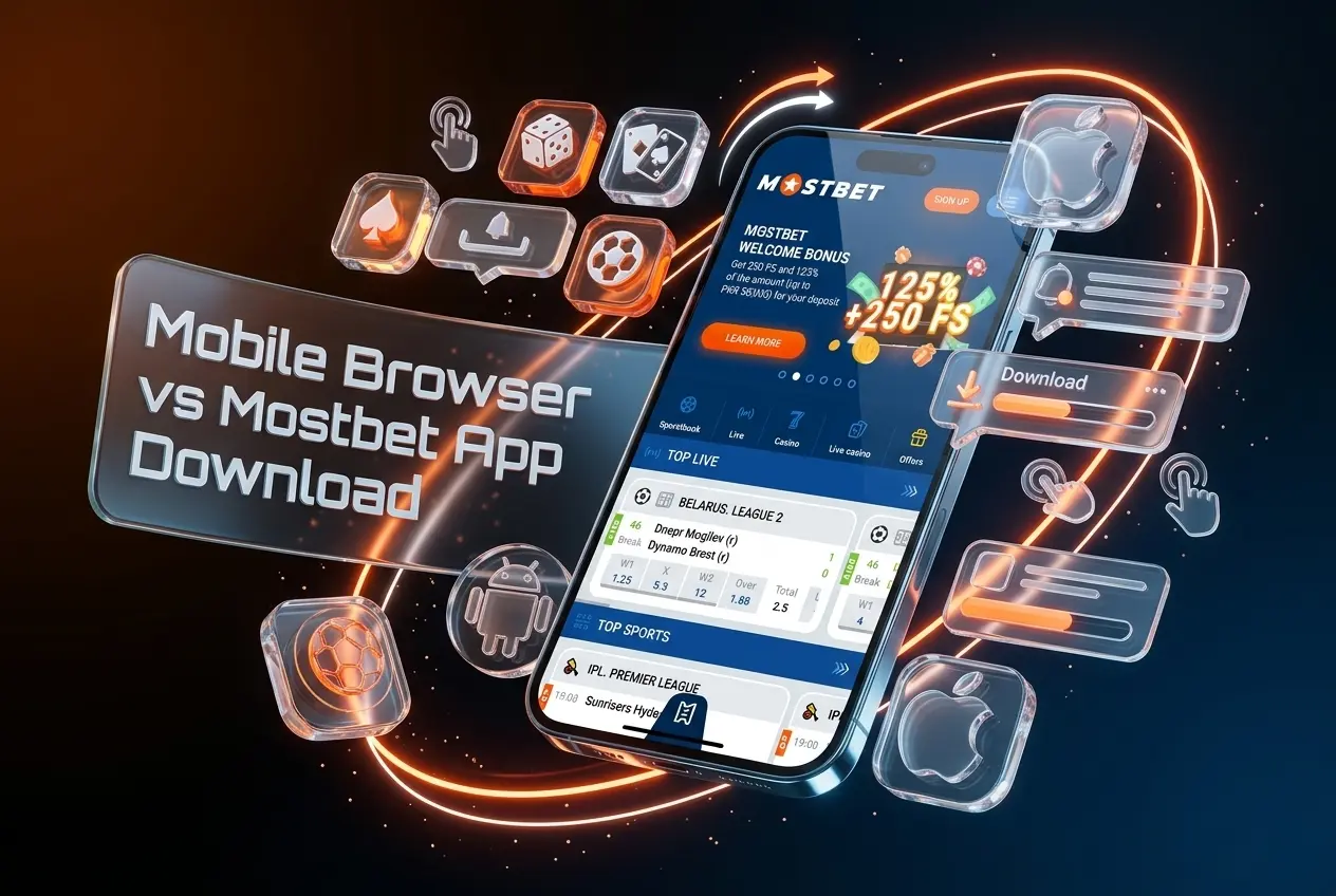 Comparison of Mostbet Android APK download versus iOS mobile browser access, showing app installation and browser login steps.