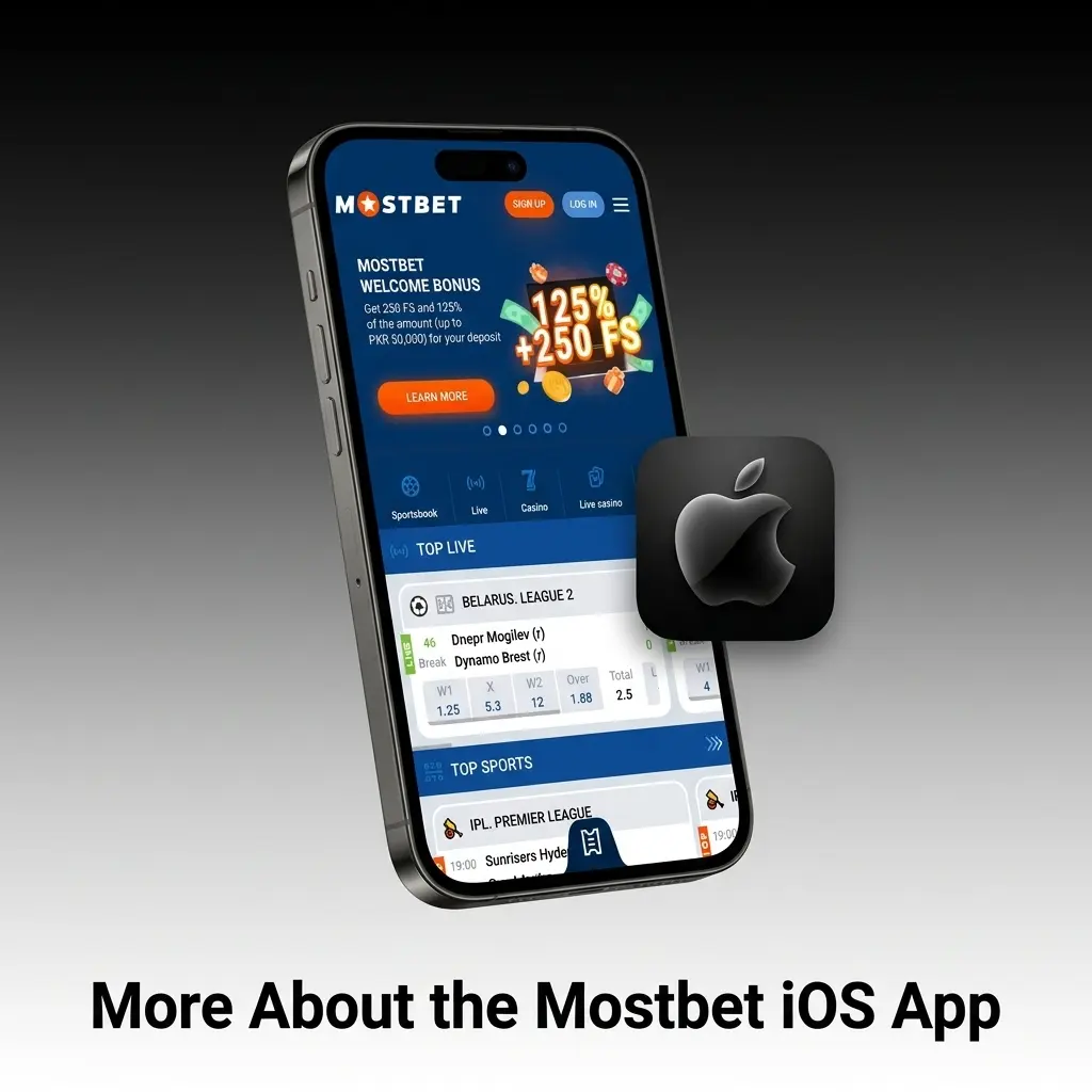 Mostbet iOS app requirements table showing minimum specs including iOS 12.0, 1GB RAM, and compatible iPhone models