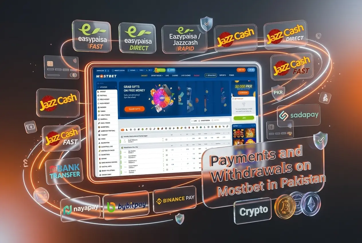 Mostbet payment menu showing Easypaisa, JazzCash, bank transfer and crypto options for deposits and withdrawals in Pakistan