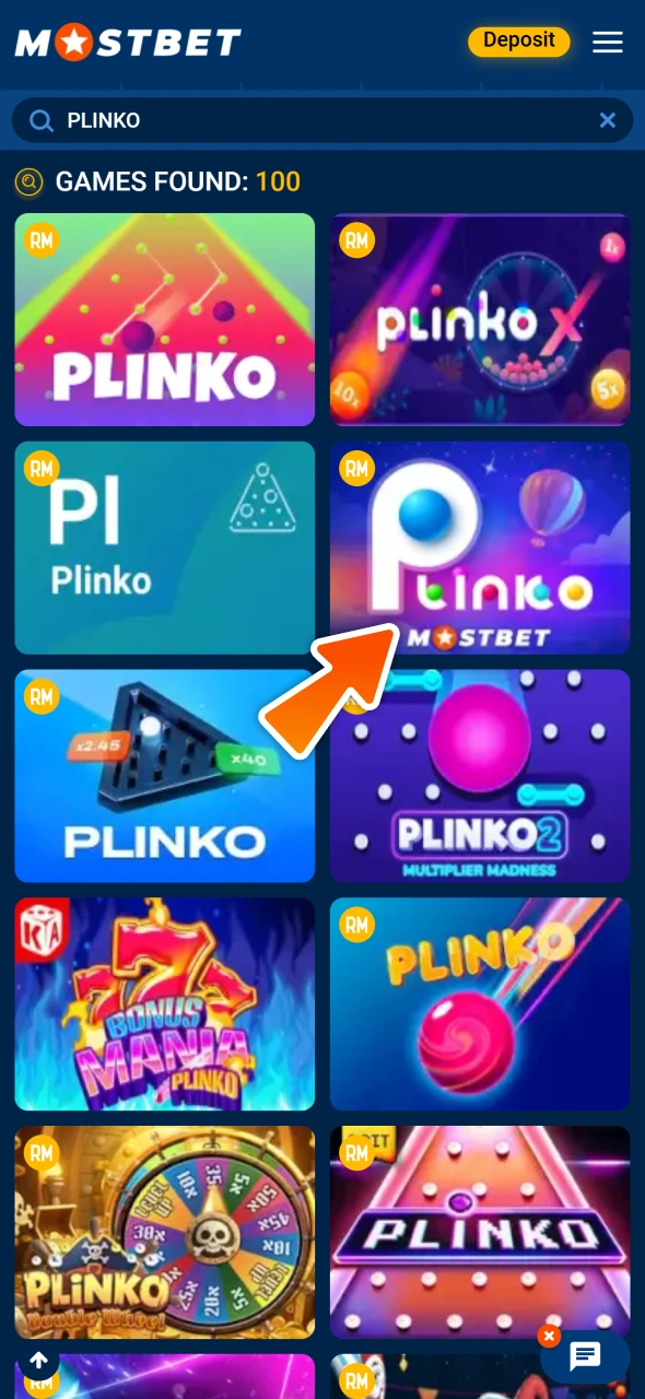 Start typing Plinko game name at Mostbet casino and open the one you like.