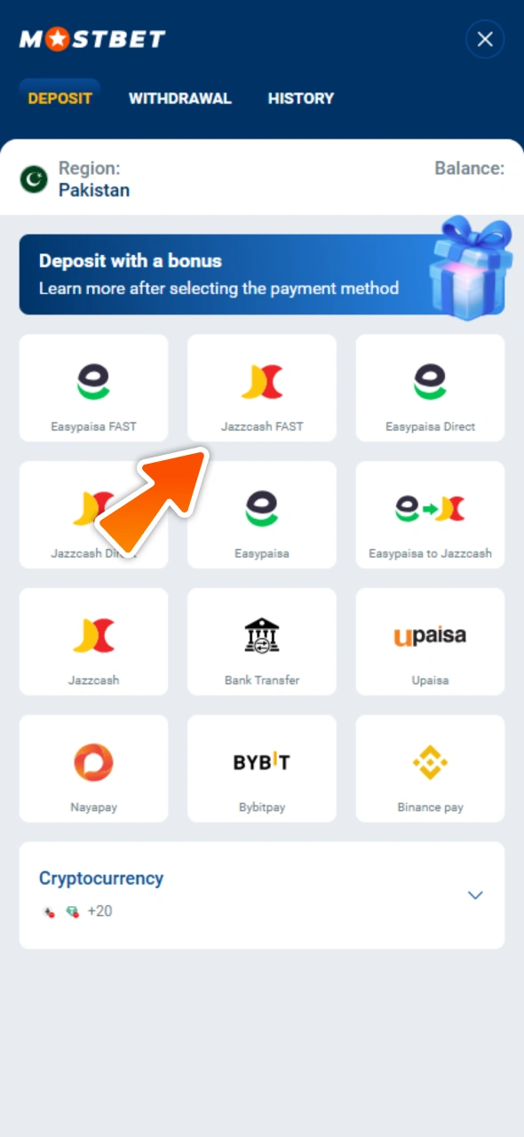 Make your first deposit at Mostbet.