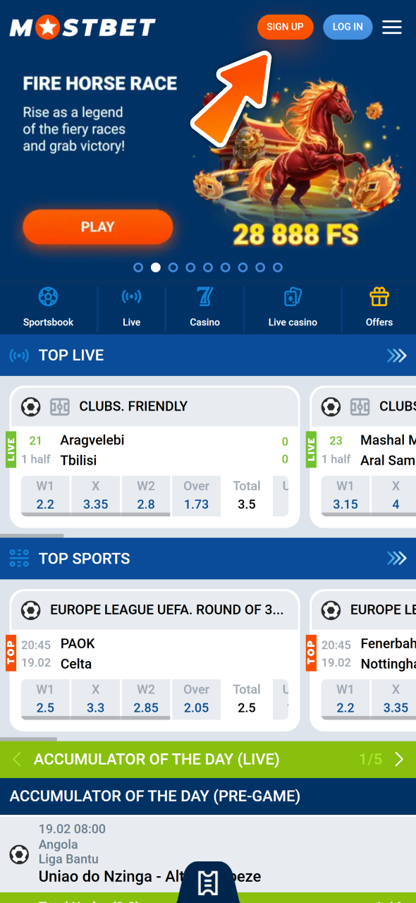 Find registration button at the Mostbet menu.